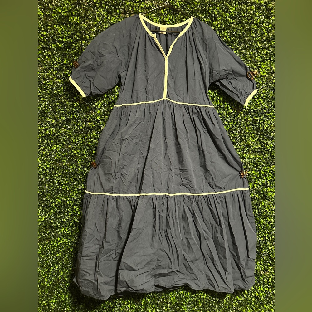 Navy blue V-Neck Dress with white Trim